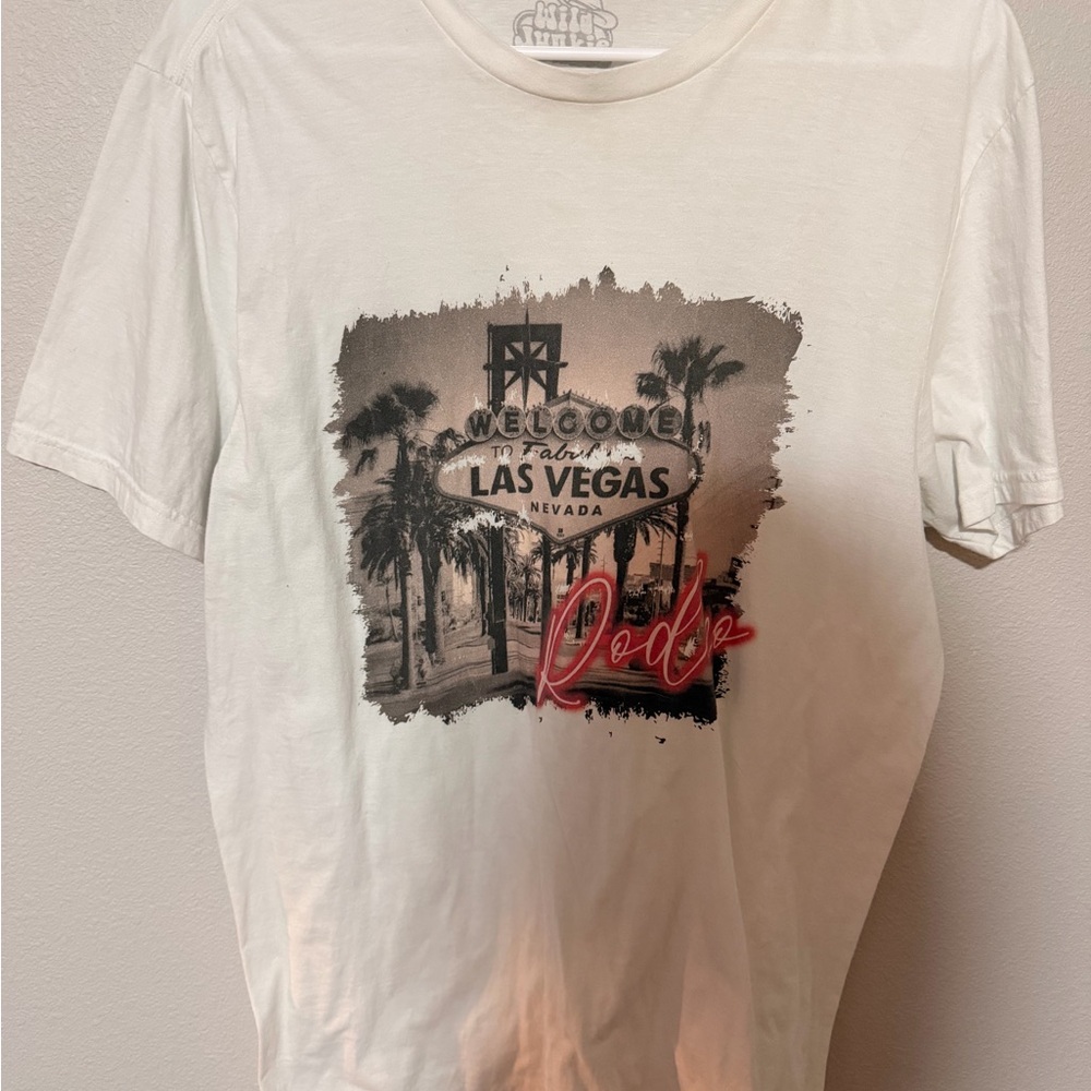 White Las Vegas Graphic Tee with Red Script Accent